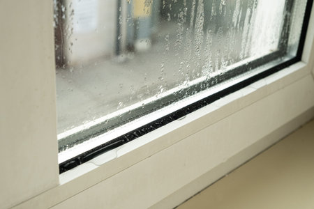 Close up of misted window glass with water streaks and droplets.