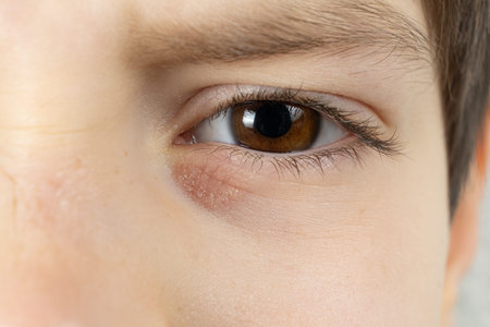 Red dry scaly patch of dermatitis under childs eye