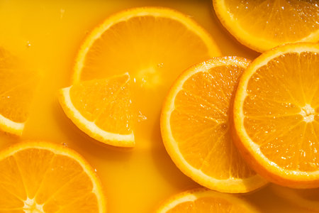 Bright juicy fruity background, oranges drenched in juice.