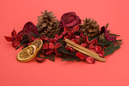 Mandarin,Cloves & Cinnamon against a plain background.の写真素材