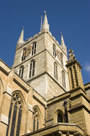 A view of Southwark Cathedral from Borough Market in Londonの写真素材