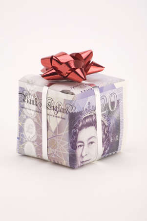 A gift box of a Twenty pound note with bow.の写真素材