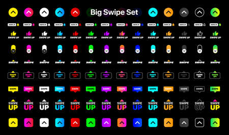 Swipe Up. Big Set Of Social Media Swipe Icons Vector Illustration On Black Background. Scroll or Swipe up Digital Gradient Icons. Big Collection Of Swipe Buttons For Advertising Stories Designのイラスト素材