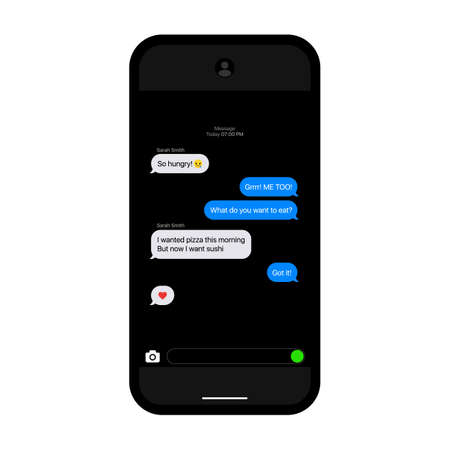 iMessage Interface. Texting Bubbles. Texting Interface. Telegram Messenger. Flat Vector Message Bubbles. Chat Interface On Black Backgroundのイラスト素材