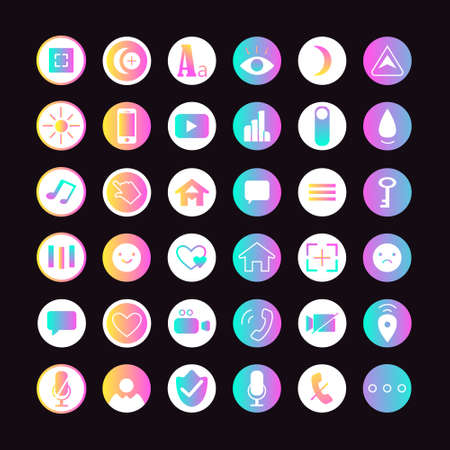 Social Media Digital Icon Set. Internet Communication Icons. Vector Illustration On Black Backgroundのイラスト素材
