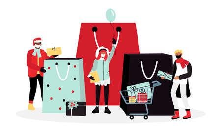 Group of people in Christmas hat with huge packages and shopping trolley. Winter illustrationのイラスト素材