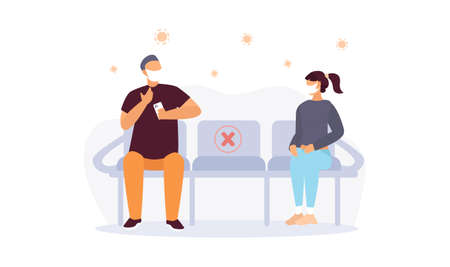 Man and woman keep the distance during quarantineのイラスト素材