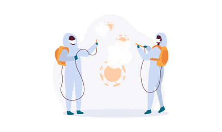 Workers in protective suits disinfect premises against coronavirus