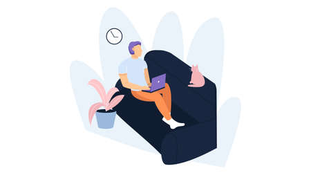 A man sitting on the couch working at home. Quarantine vector illustrationのイラスト素材