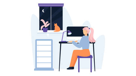 Woman working at home at night. Work illustrationのイラスト素材