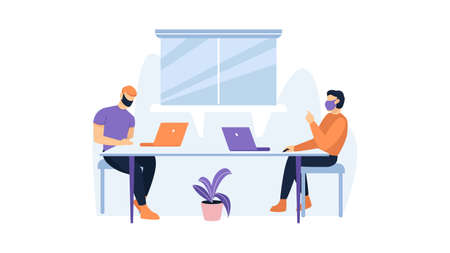 Men in masks work using laptops in the office. Office work Illustrationのイラスト素材