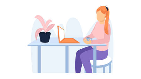A woman sitting at the table and working at home. Work illustrationのイラスト素材