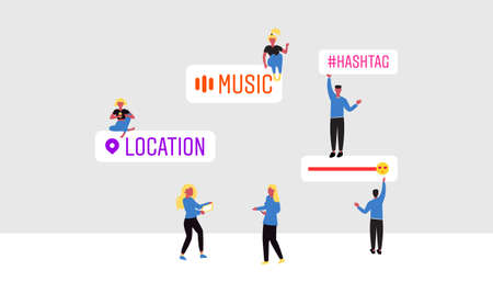 Group of People With Stickers. Teamwork Communication. Social Media Elements. Hand Drawn Vector Illustrationのイラスト素材