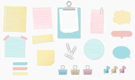Paper banners notes set with sticky tapes, pins, clips and scotch. Vector illustrationのイラスト素材