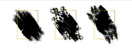 Black paint brush strokes set with golden frames. Ink brush blots. Vector illustrationのイラスト素材