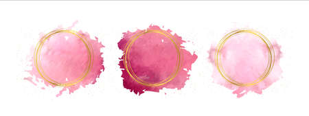 Pink paint brush strokes. Watercolour splashes set with golden circle. Vector illustrationのイラスト素材
