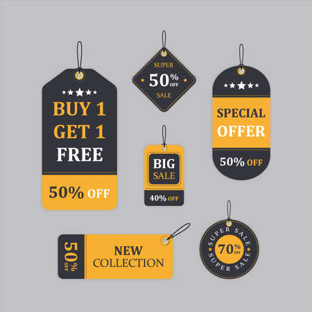Discount 50 percent collection of labels and tags. Shopping Bag Sale banners. Vector illustration