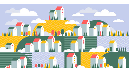 Geometric Town Illustration. Colorful Graphic City. High Residential Buildings and Houses. Bright Horizontal Background. Vector illustrationのイラスト素材