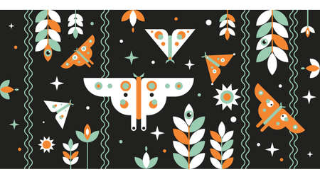 Geometric Butterflies on Dark Floristic Background. Nature Graphics Illustration. Vector illustrationのイラスト素材