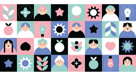 Cute Geometric Background with People and Design Elements. Square Inspirational Collage. Vector...