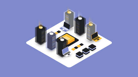 Isometric Blockchain and Cryptocurrency Colorful Composition on Violet Background. Vector...