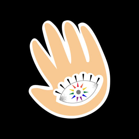 Isolated LGBTQIA Sticker. Hand Drawn Hamsa. Hand with a Rainbow Eye. Vector illustrationのイラスト素材