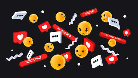 Social Media Reactions Concept. Flying Emoticons, Like, Emoji Faces, Hearts, Comment and Subscribe...
