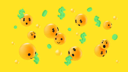 Abstract Emoticon Reactions Money Concept. Dollars and Emoji on Yellow Background Illustration. Vector illustrationのイラスト素材