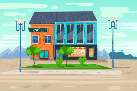 Street cafe in the city center. Detailed cartoon illustration. Vector illustrationのイラスト素材