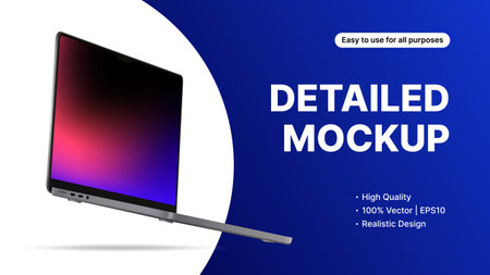 Realistic Laptop, Editable Mockup. Blue Banner Template for All Purposes. Vector illustrationのイラスト素材