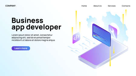 Business app development. Landing Website Page. Vector illustrationのイラスト素材