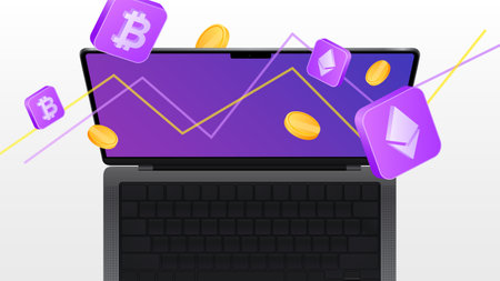 Laptop Top View. Creative Mockup with Flying coins and cryptocurrency. Vector illustrationのイラスト素材