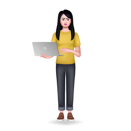 Girl Holding Laptop. 3D Woman Programmer. Vector illustrationのイラスト素材