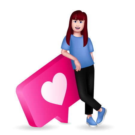 Smiling Woman Standing and Leaning on the Like Icon. 3D Graphic Character. Vector illustrationのイラスト素材