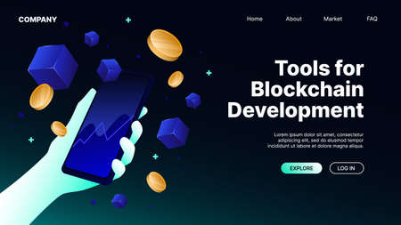 Blockchain Development Tools. Landing Page Horizontal Template. Vector illustration