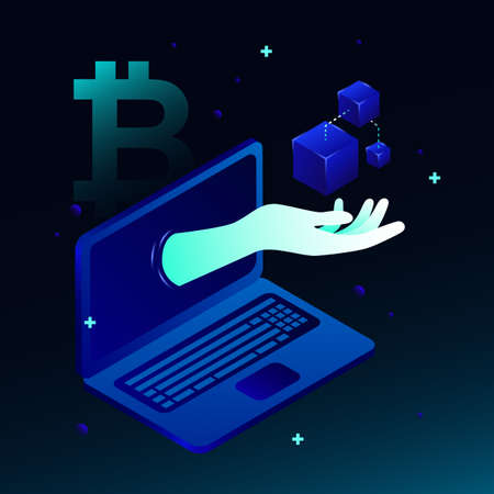 Hand Holding Isometric Cubes from Laptop. Isometric Illustration. Vector illustrationのイラスト素材