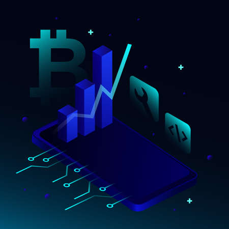 Abstract Square Blockchain Illustration. Coins, Graphs on the Smartphone with Gradient Background. Vector illustrationのイラスト素材