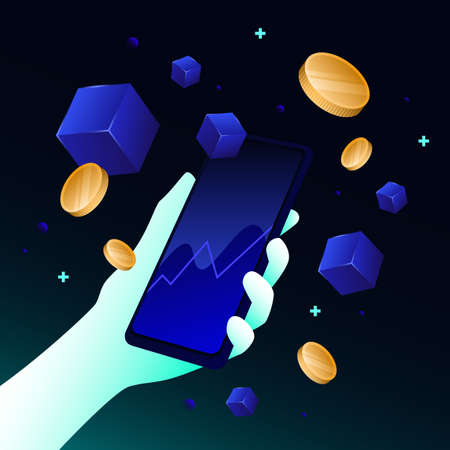 Hand Holding Smartphone. Isometric Coins And Cubes. Vector illustrationのイラスト素材