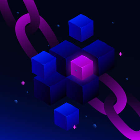 Blockchain Isometric Illustration. Cubes and chain on gradient background. Vector illustrationのイラスト素材
