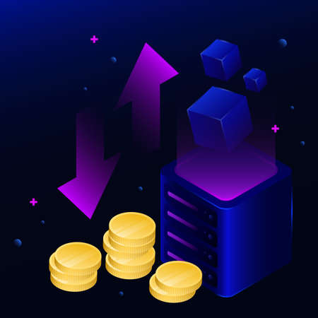 Isometric Blockchain Illustration. Coins, Cubes, Graphs on the Gradient Background. Vector illustrationのイラスト素材