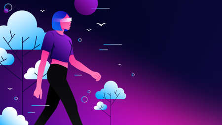 Woman Taking a Walk in Metaverse Reality. Isometric Graphic Illustration. Vector illustration