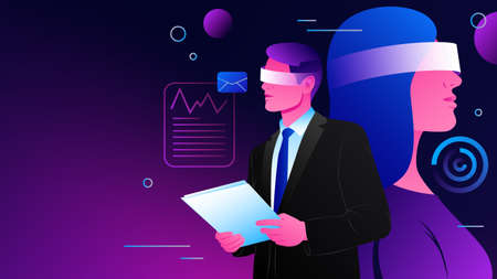 Teamwork in Metaverse. Office work in Virtual Reality. Vector illustration