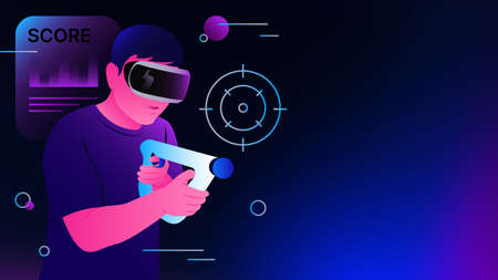 Shooter Video Game in Metaverse. Virtual Reality Gaming Illustration. Vector illustrationのイラスト素材