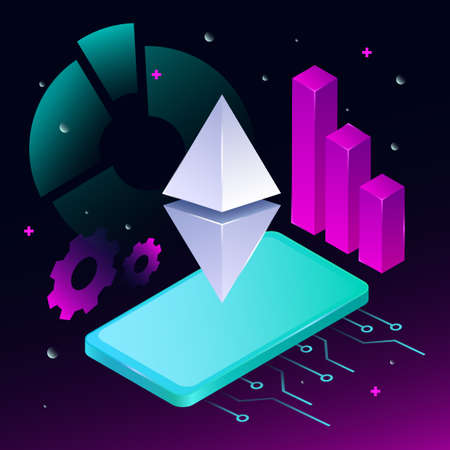 Graphic Cryptocurrency Illustration. Rhombus, Charts, Smartphone in Gradient Background. Vector...