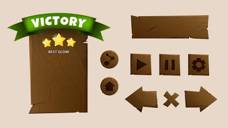 Wooden Menu Panel. Gaming Set of Graphic Elements. Vector illustrationのイラスト素材