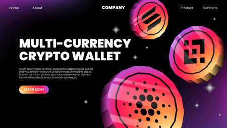 Multi Currency Crypto Wallet Banner. Website Landing Page Template. Vector illustrationのイラスト素材