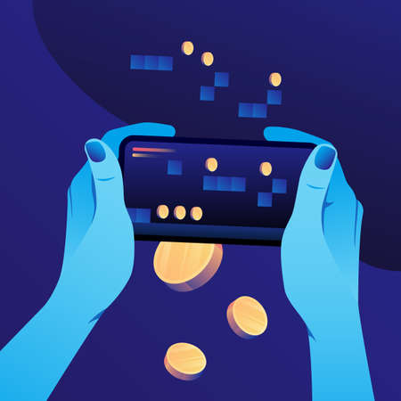 Hands holding Smartphone. Graphic Plays to Earn Illustration. Vector illustration