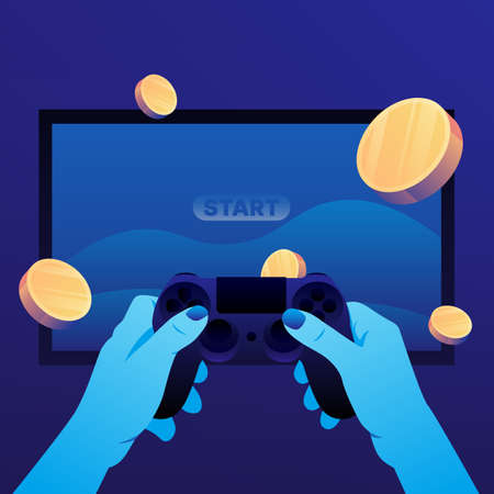 Play to Earn. Joystick, TV and Cryptocurrency Coins Illustration. Vector illustrationのイラスト素材
