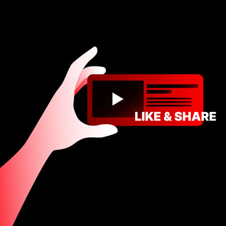 Like and Share Graphic Element. Hand Holding Red Video Frame. Vector illustrationのイラスト素材