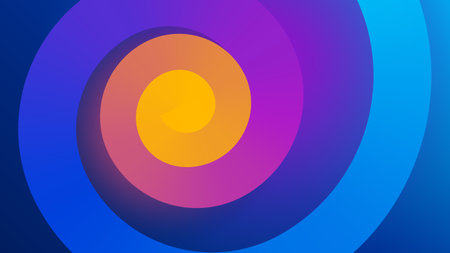Blurred Abstract Geometrical Spiral Background Illustration. Smooth Transitions of Blue, Magenta, Orange and Yellow. Colorful Gradient Backdrop for your Social Media, Graphic Design, Banner, Poster. Vector illustrationのイラスト素材